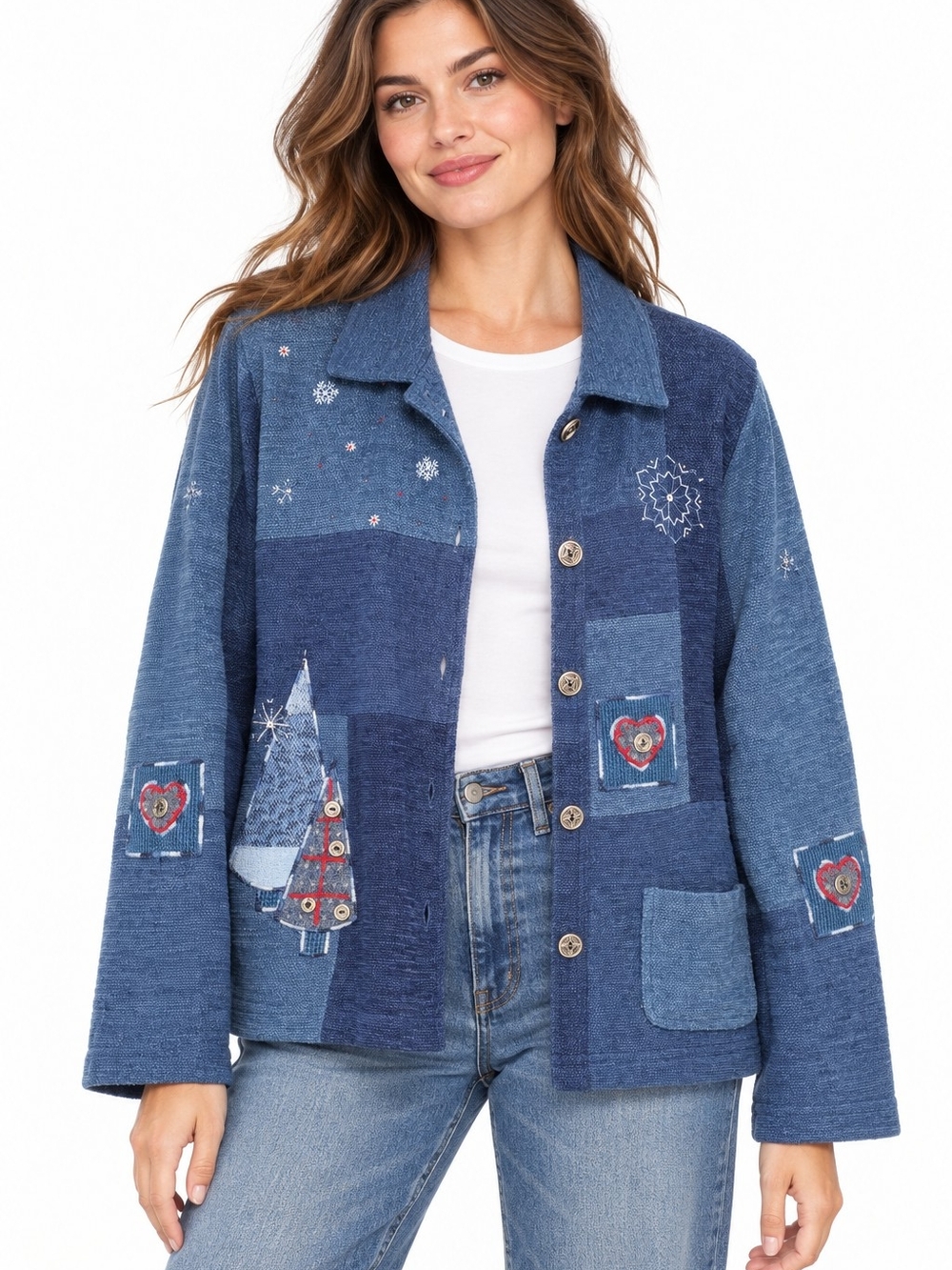 Vintage Koret City Blues Christmas Holiday patchwork Chenille Cardigan Blue L